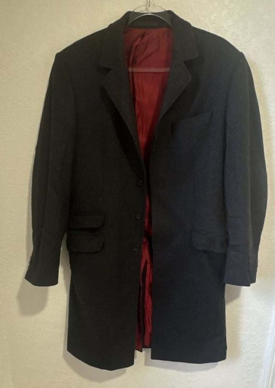 Merc London Charcoal Grey Wool Overcoat with Red Lining, Size 40R